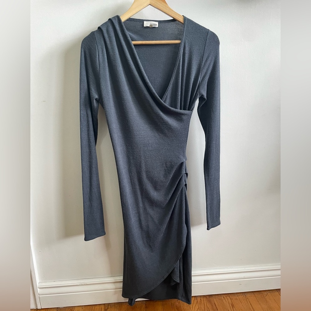 Aritzia Wilfred Free Heather Navy Blue Faux Wrap Bodycon Dress Midi Dress Size S